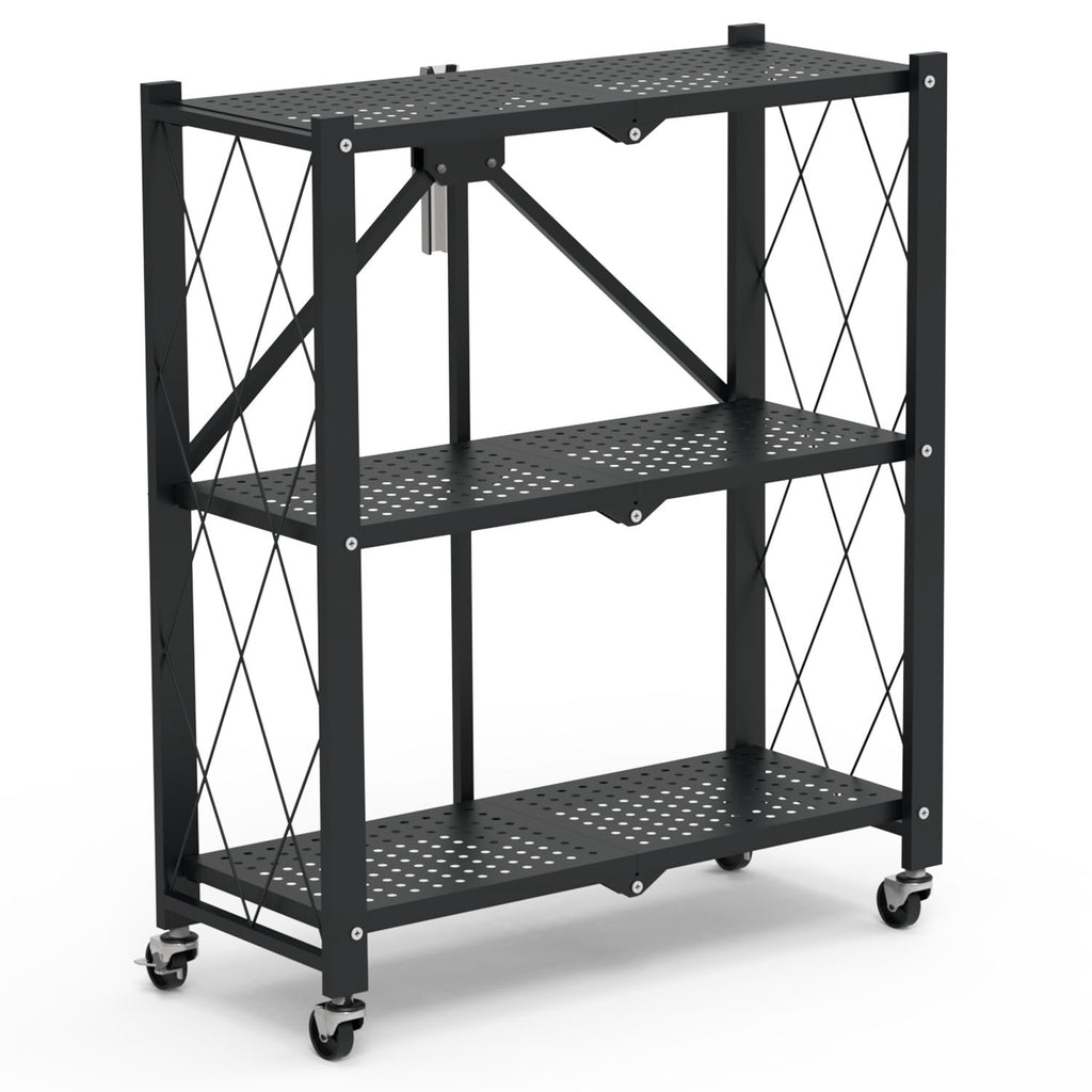 1Pc 3Tier Foldable Storage Shelf With Lockable Wheels No Assembly Rolling Utility Shelf Heavy Duty Collapsible Organizer Rack For Kitchen Living Room Basement Pantry Bedroom.