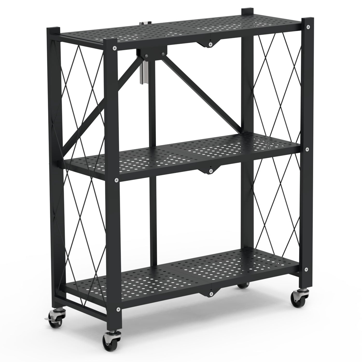 1Pc 3Tier Foldable Storage Shelf With Lockable Wheels No Assembly Rolling Utility Shelf Heavy Duty Collapsible Organizer Rack For Kitchen Living Room Basement Pantry Bedroom.