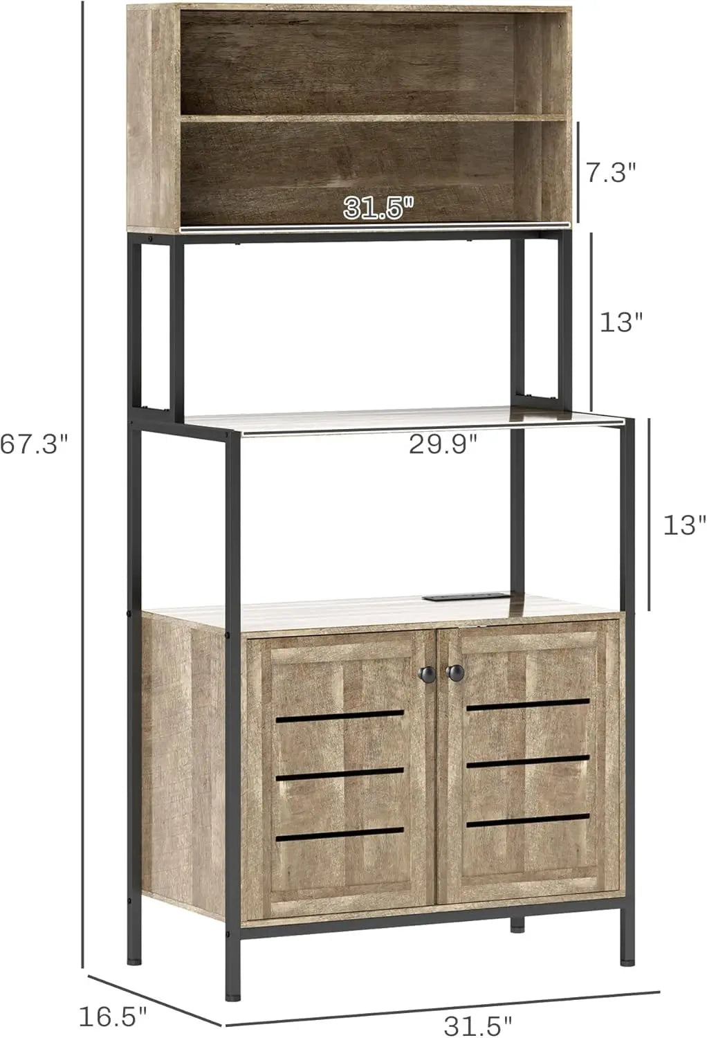Kitchen Bakers Rack with Power Outlet, Coffee Bar Cabinet with Storage Shelves, Microwave Stand with Louvred Door Cabinets, Gra