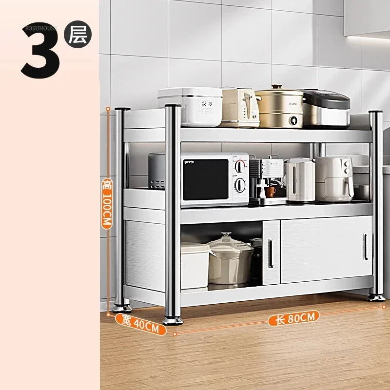 Stainless Steel Kitchen Cabinets with Door Floor Multi-layer Sliding Door Cabinet Storage Racks Multi-functional Home Furniture