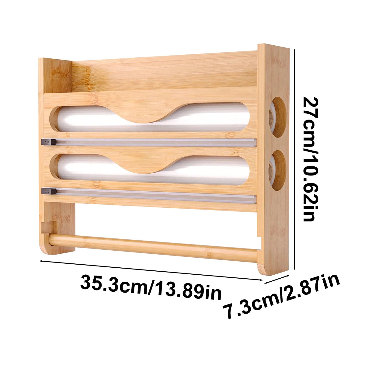 Bamboo Foil And Clingfilm Organizer With Cutter Wall Mounted Paper Towel Holder,For Home Kitchen Organization And Storage