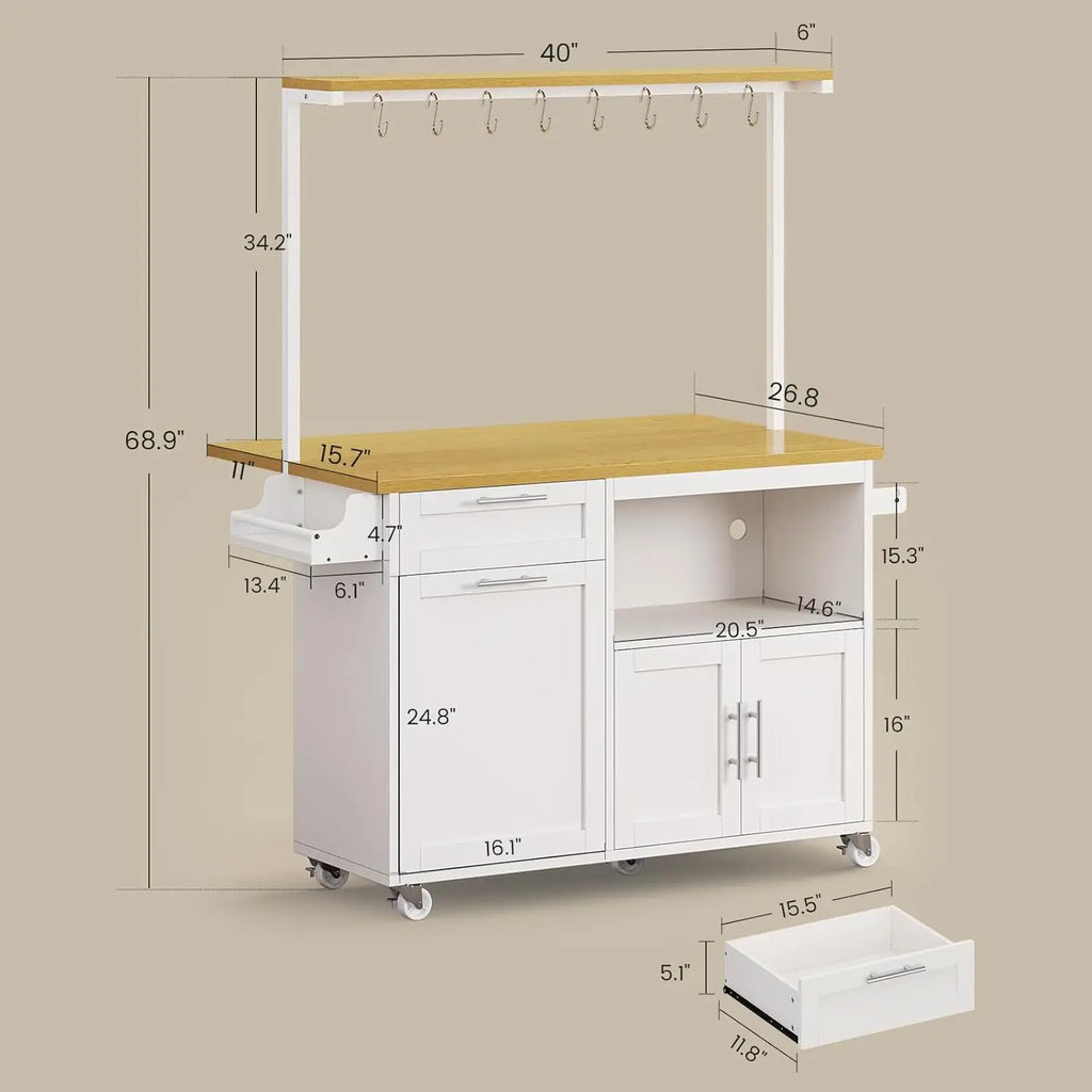 Rolling Kitchen Island Table on Wheels with Drop Leaf, 40" Mobile Kitchen Carts with Trash can Storage, Storage Cabinet, D