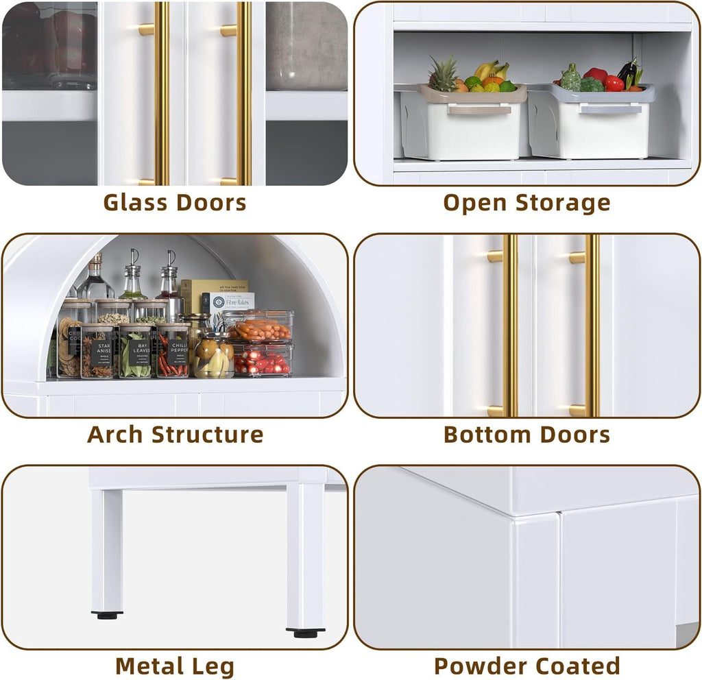 73 In Tall Metal Arched Cabinet, Kitchen Pantry Cabinet With Glass Door, Modern Farmhouse Arched Bookcase With 2 Adjustable Shelves For Living Room, White, Assembly Required.