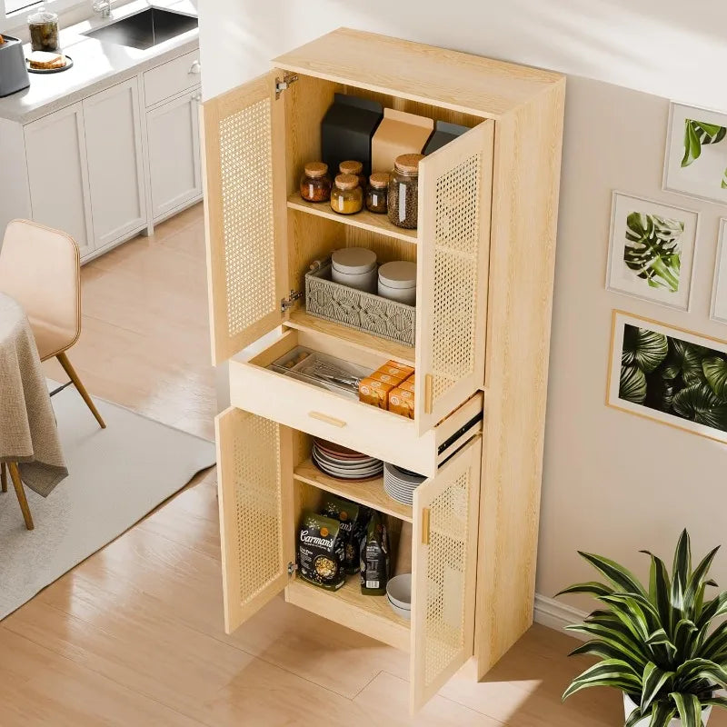 Kitchen Pantry Cabinet, 71" Tall Rattan Doors Storage Cabinet with Large Drawer and Adjustable Shelves, Freestanding