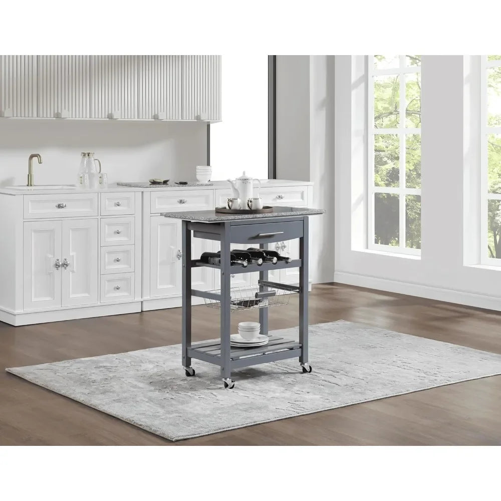 Mobile Rolling Kitchen Island Trolley – Under-Drawer & Slide-Out Wire Basket, Dining Serving Cart