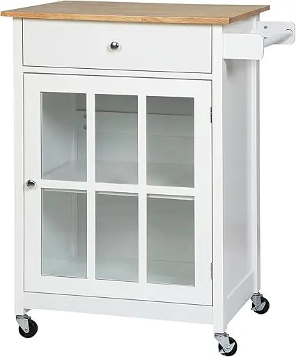 27" Rolling Kitchen Island Cart with Drawer and Glass Door Cabinet, Kitchen Trolley with Adjustable Shelf and Towel Rack, White