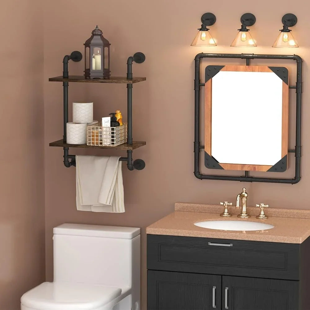 Industrial Floating Bathroom Shelves Wall Mounted Rustic Wood 2 Tier Towel Bar Metal Storage Organizer Kitchen Garage Farmhouse