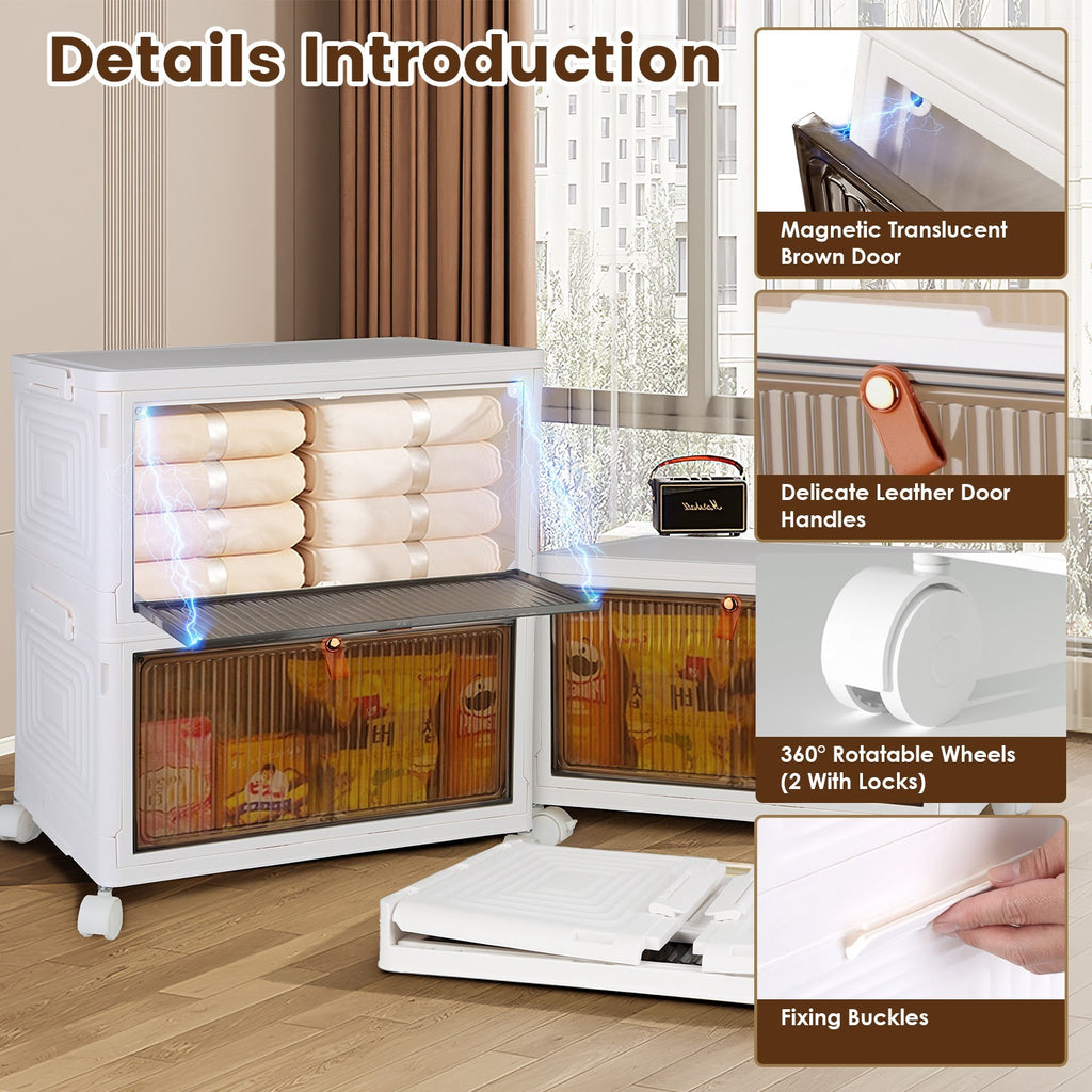 4Pc Foldable Storage Bins With Lid Front Magnetic Door Collapsible Stackable Closet Organizer Containers With 4Pcs 360 Degree Rotatable Wheels.