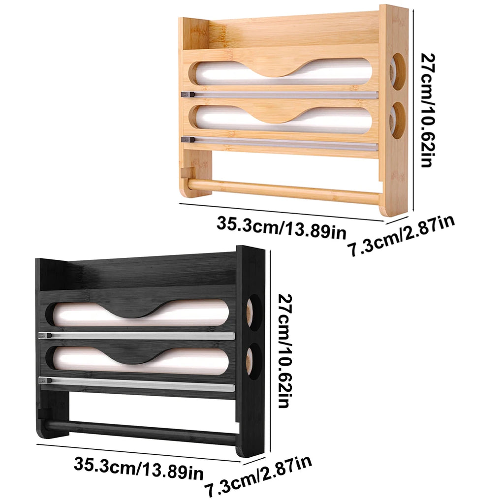 Bamboo Foil And Clingfilm Organizer With Cutter Wall Mounted Paper Towel Holder,For Home Kitchen Organization And Storage