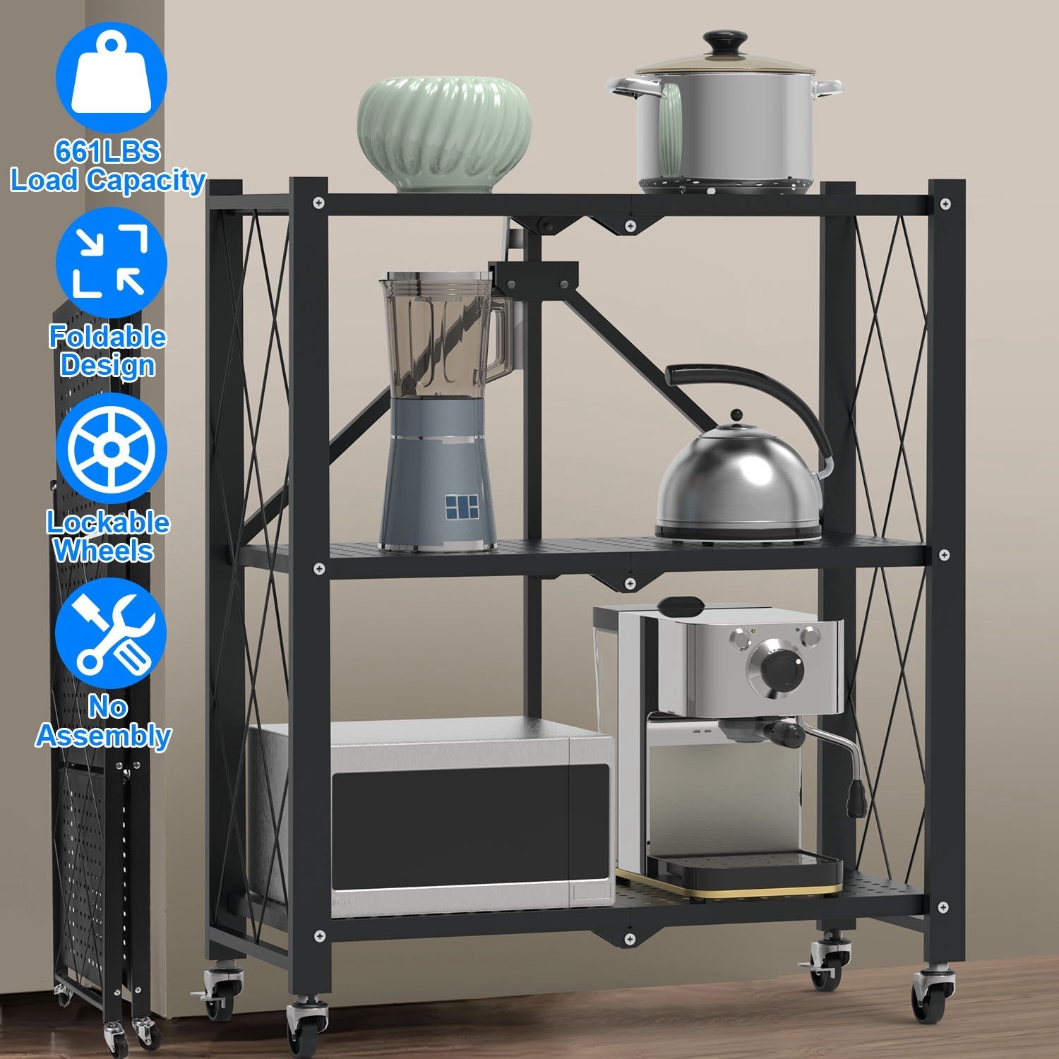 1Pc 3Tier Foldable Storage Shelf With Lockable Wheels No Assembly Rolling Utility Shelf Heavy Duty Collapsible Organizer Rack For Kitchen Living Room Basement Pantry Bedroom.