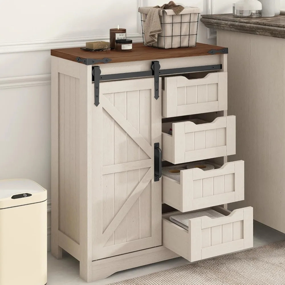 Farmhouse Bathroom Storage Cabinet, Bathroom Cabinet with 4 Drawers and Sliding Door, Farmhouse Floor Storage Organizer