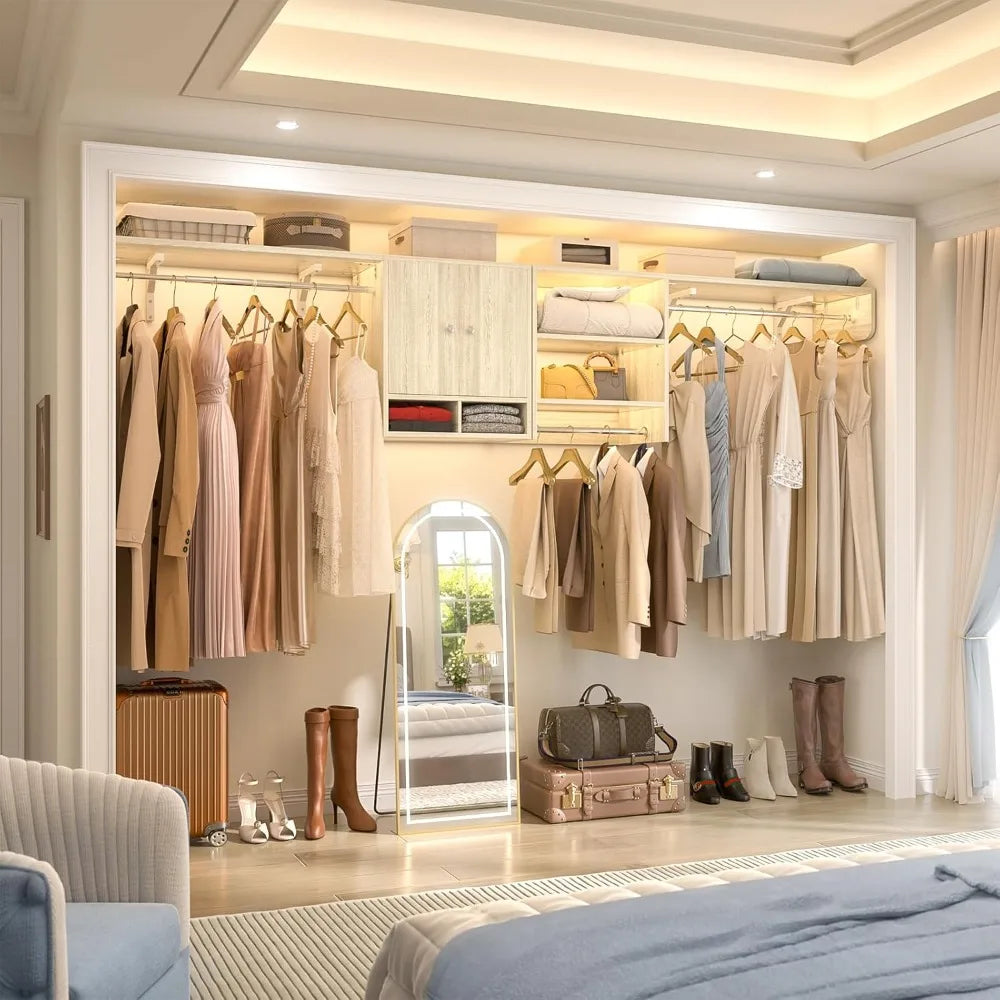 Multi-Purpose Closet System with 3 Hanging Rods, 5-10Ft Closet Organizer with Cabinet and Open Storage, Wood Closet Orga