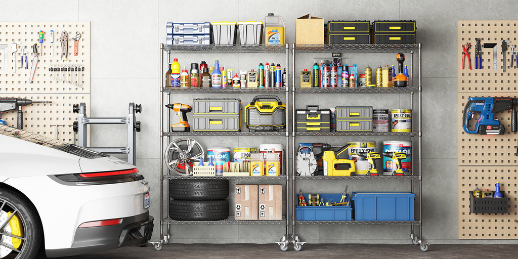 47''W X 24''D X 72''H 5 Tier Heavy Duty Adjustable Kitchen Shelving Unit, Wire Storage Shelves With Wheels, Pantry Organizer Rack Rolling Metal Shelf For Garage Closet Laundry