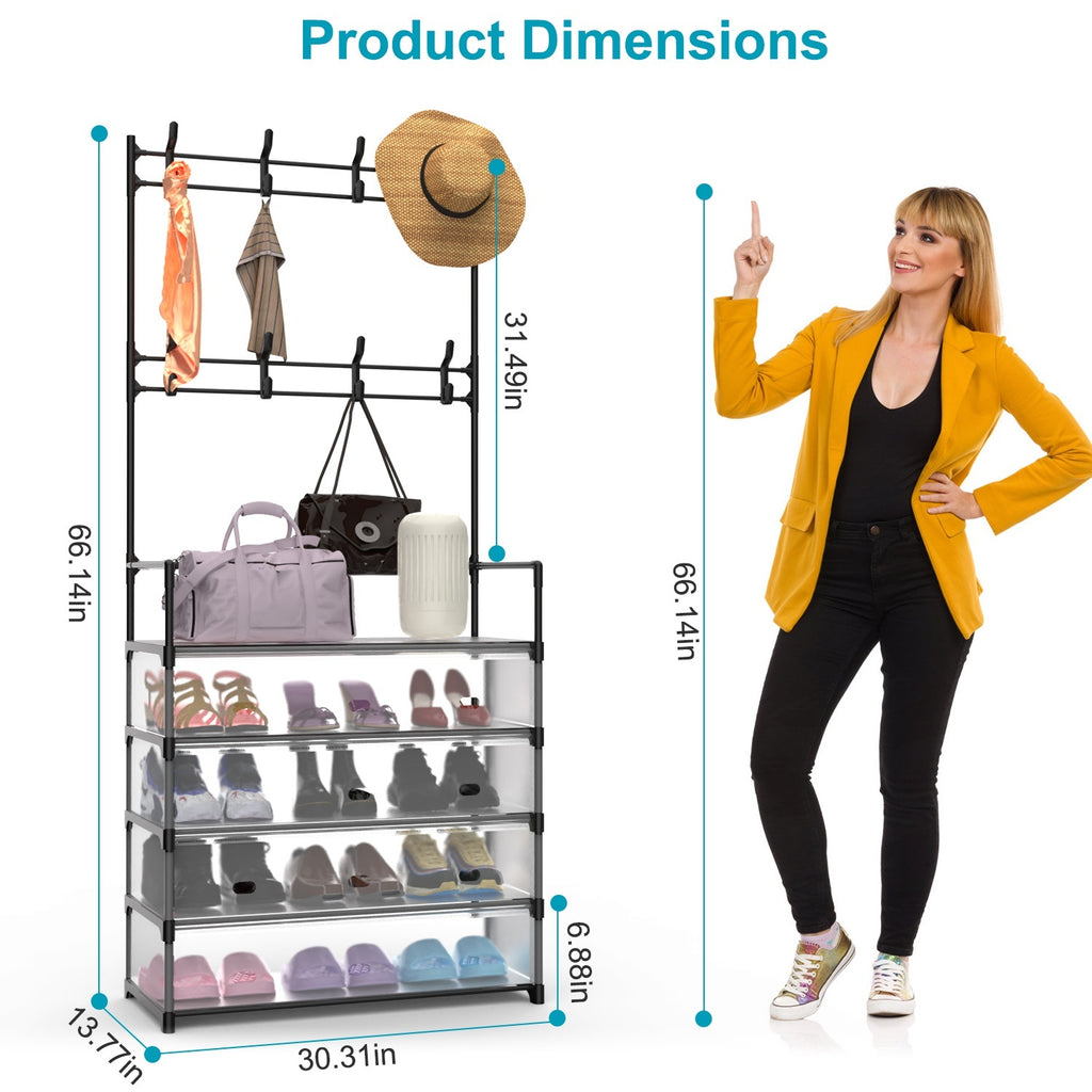 1Pc 5Tier Dustproof Entryway Hall Tree Coat Rack Shoe Rack With 8 Removable Hooks Freestanding Shoe Storage Shelf Hat Clothes Organizer For Front Door Bedroom Entryway