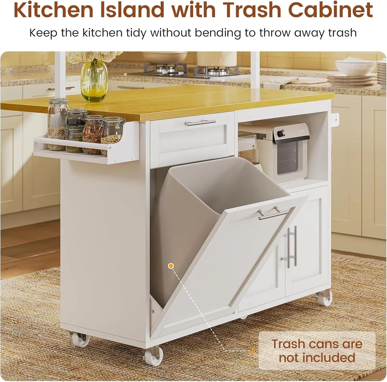Rolling Kitchen Island Table on Wheels with Drop Leaf, 40" Mobile Kitchen Carts with Trash can Storage, Storage Cabinet, D
