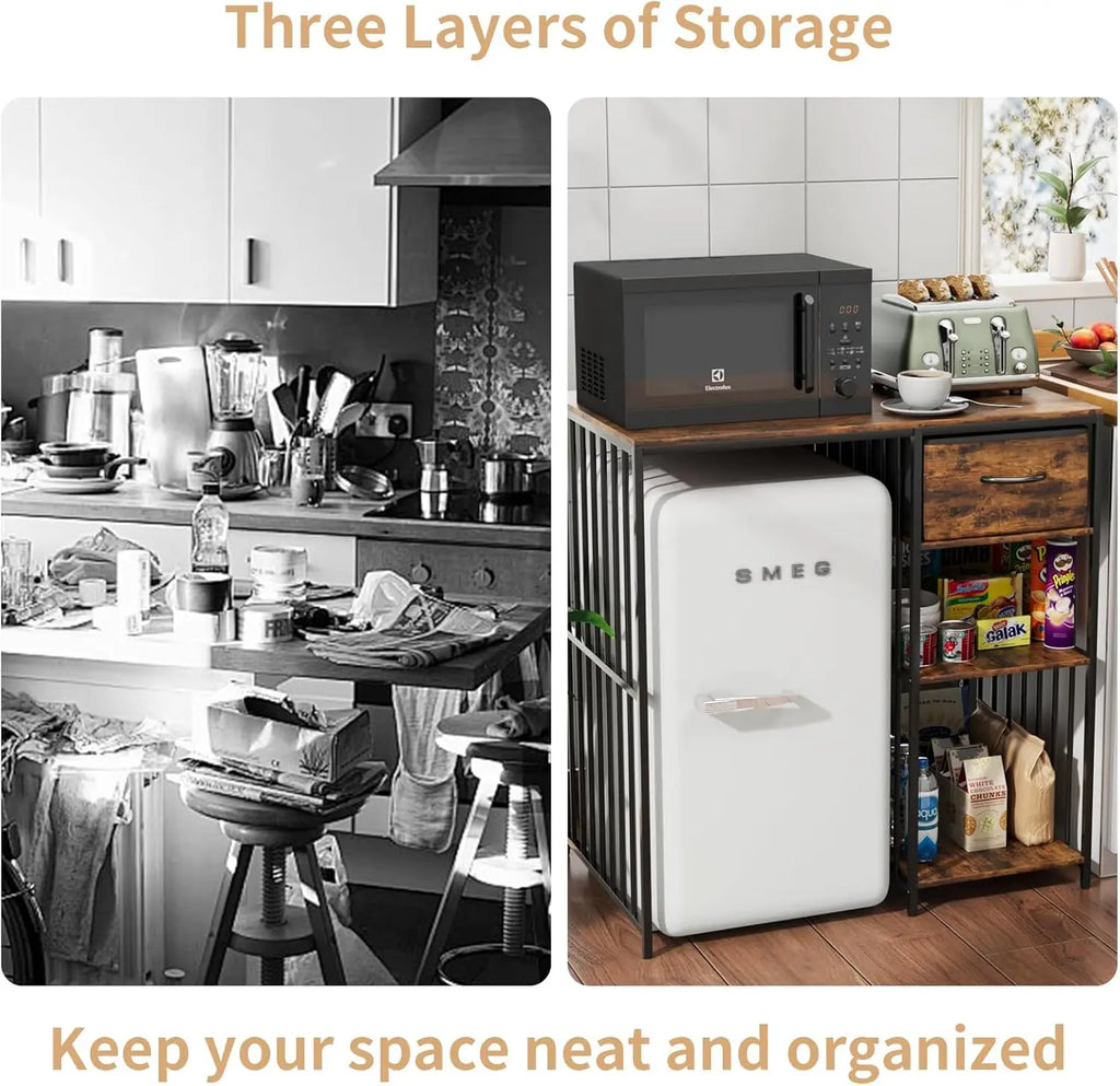 Mini Fridge Cabinet with Power Outlet, 3-Tier Industrial Style Kitchen Microwave Stand Baker Rack with Drawer, Utility Storage
