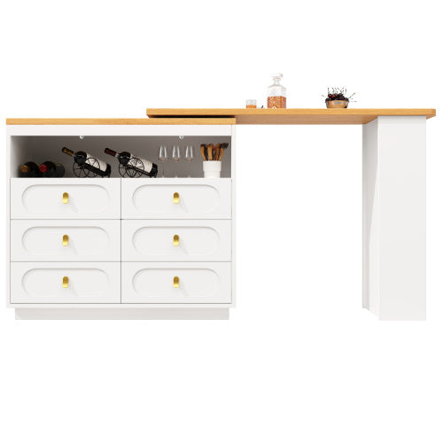 360 Rotating Bar Table Main Body 137 X 39 X 90 Cm, Coffee Bar Furniture, Rotating Dining Bar With Storage, Kitchen Island, With Spice Rack, Six Drawers, Open Storage Space, White