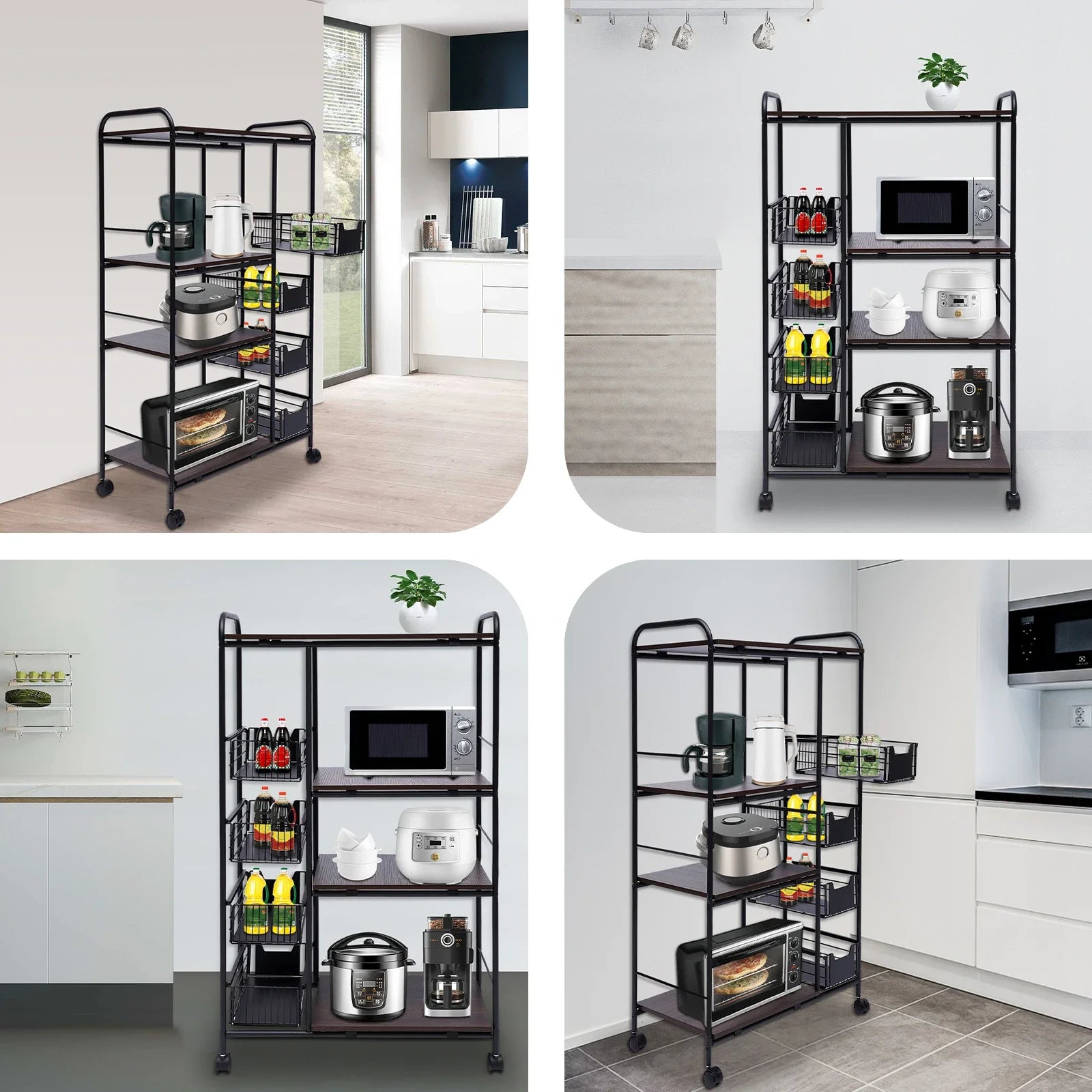 Kitchen Bakers Rack 4 Tier Utility Cart Storage Shelf Microwave Oven Stand Storage Cart Workstation Shelf