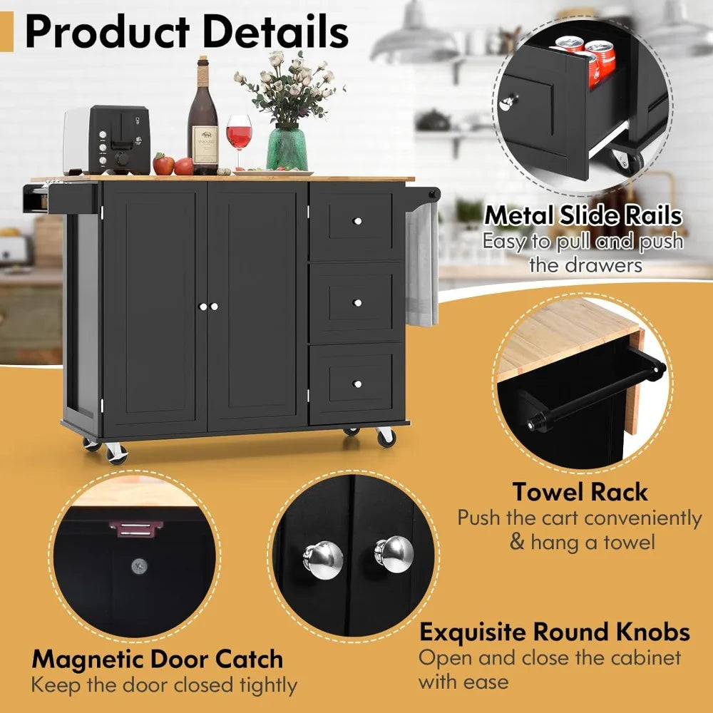 Rolling Kitchen Island with Drop Leaf, 3-Drawer Cart on Wheels, Rubberwood Top, Towel and Spice Rack