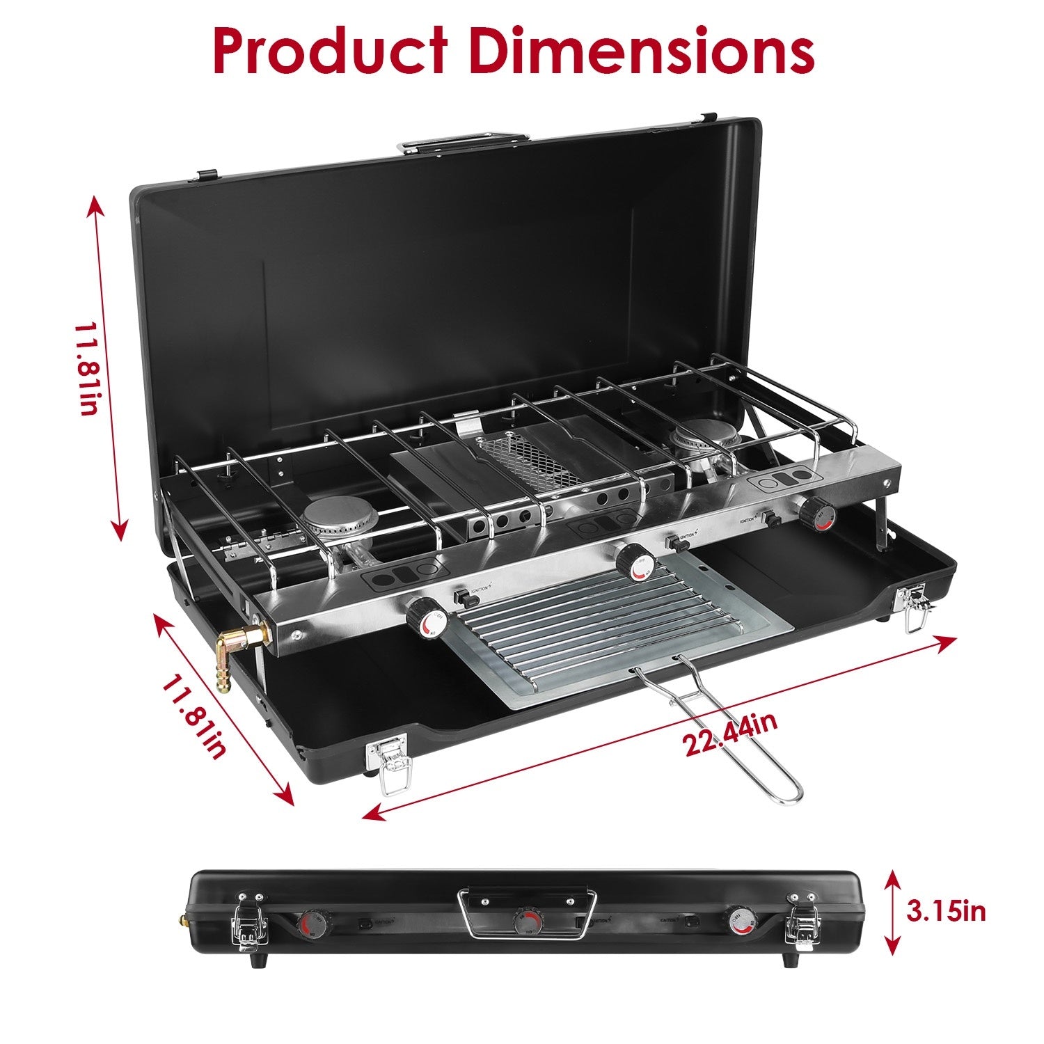 3 Burner Camping Stove 20000 BTU Portable Foldable Propane Stove With Toast Tray Windshield Portable Handle Outdoor Cooking Gas Stove For RV Camping BBQ Picnic
