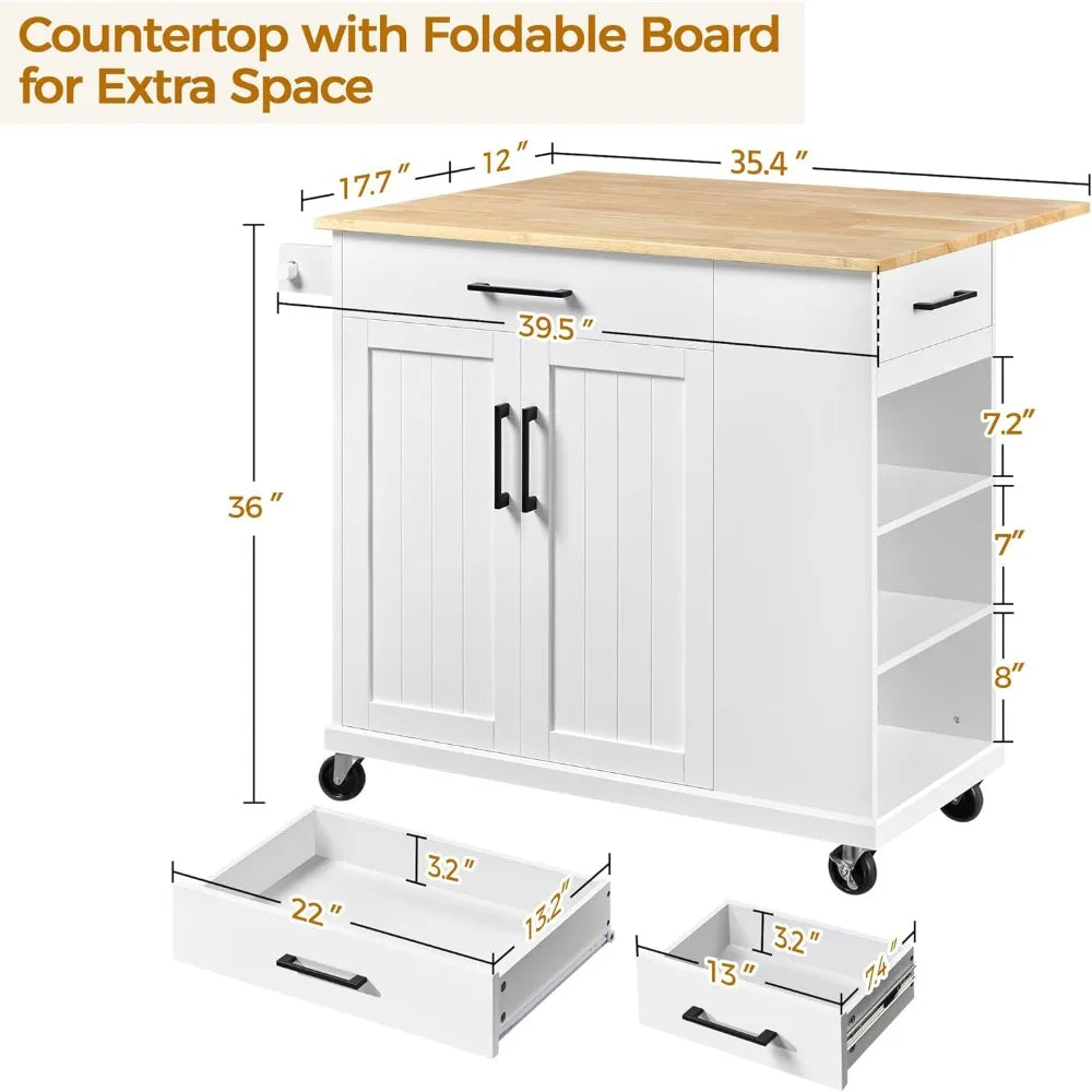 Portable Rolling Kitchen Island Cart Rubberwood Drop Leaf Breakfast Bar with Storage Open Shelves And Detachable