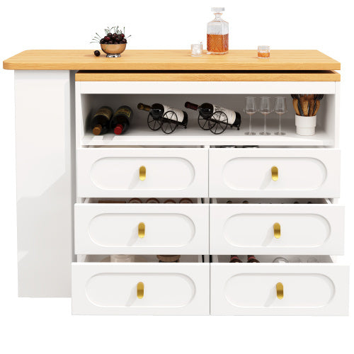 360 Rotating Bar Table Main Body 137 X 39 X 90 Cm, Coffee Bar Furniture, Rotating Dining Bar With Storage, Kitchen Island, With Spice Rack, Six Drawers, Open Storage Space, White