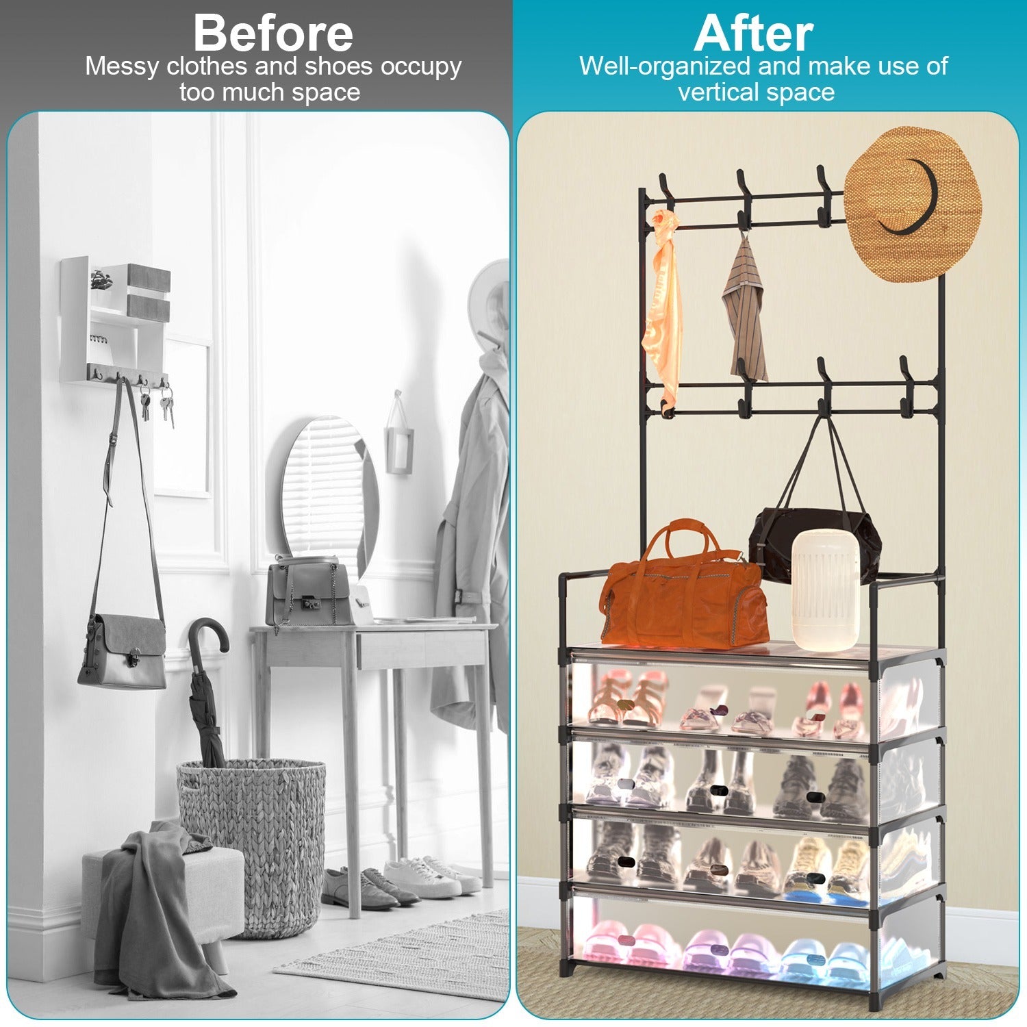 1Pc 5Tier Dustproof Entryway Hall Tree Coat Rack Shoe Rack With 8 Removable Hooks Freestanding Shoe Storage Shelf Hat Clothes Organizer For Front Door Bedroom Entryway