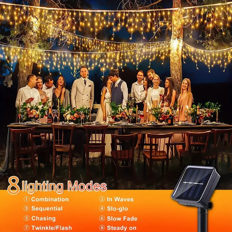 4m Solar Icicle Curtain Lights Christmas Fairy String Light Outdoor Waterproof Decoration Light for Holiday Wedding Party Garden
