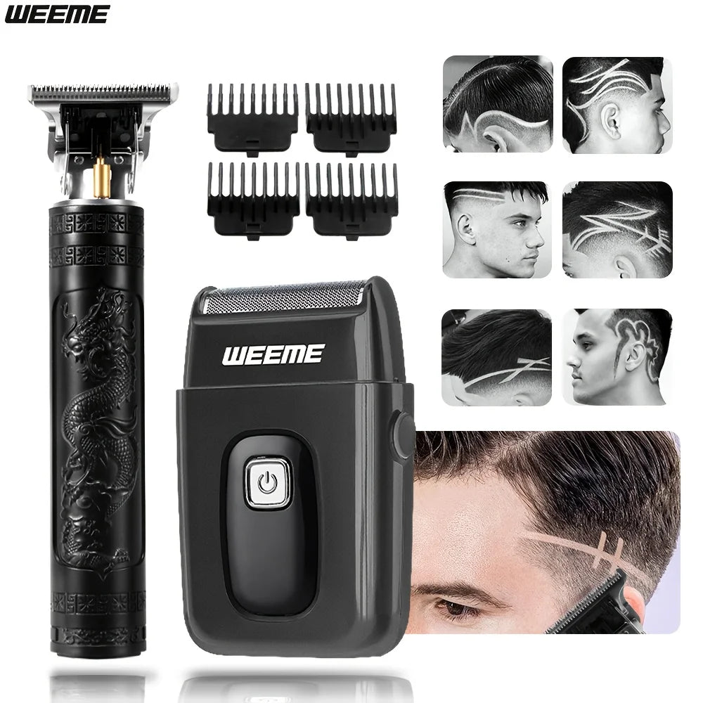 2pcs Men's Facial Hair Trimmer Kit, Electric Short Beard Shaver, Nose Ear Hair Trimmer for Grooming, Home Travel Use, Black Gold
