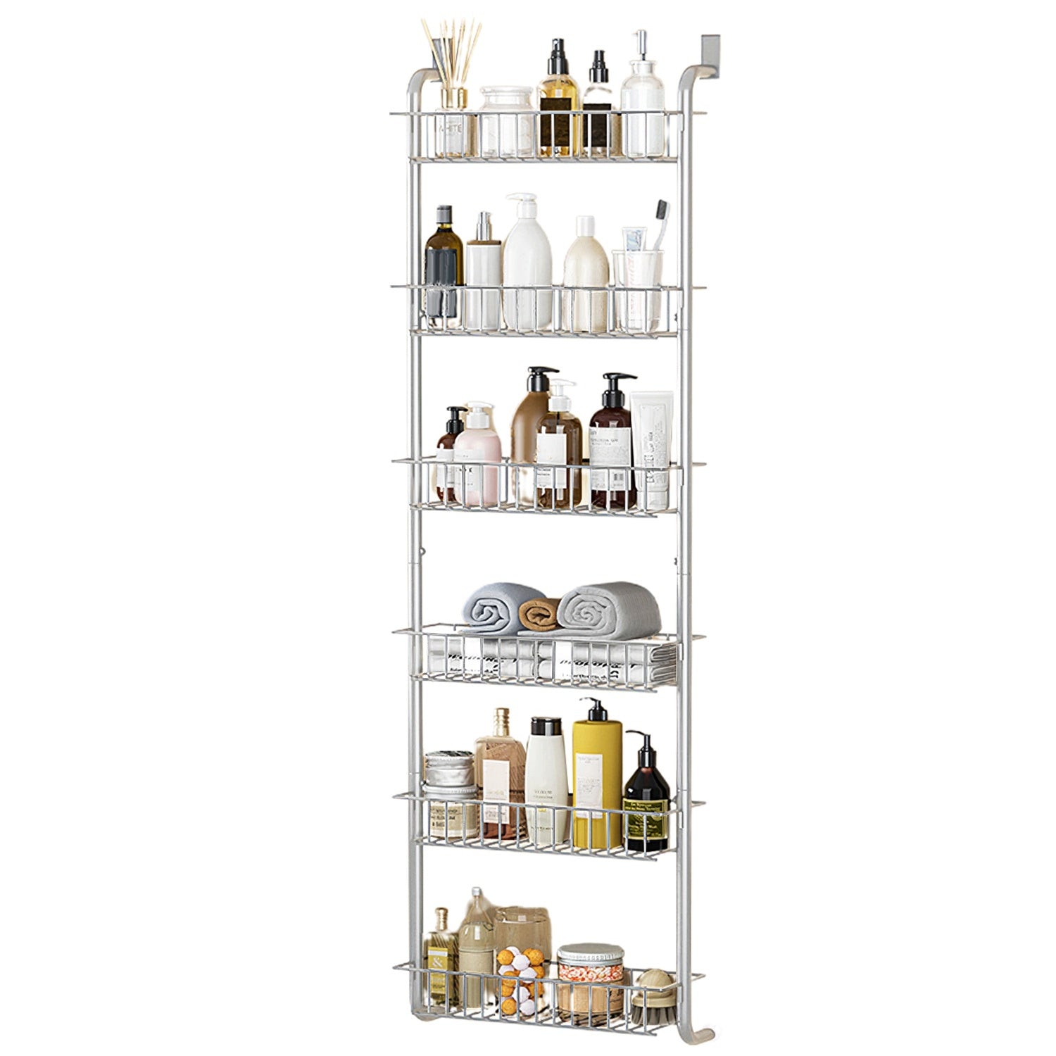 1Pc 6 Tier Over Door Pantry Organizer Hanging Hooks Door Storage Rack Carbon Steel Basket 62.99in Over Door Shelf For Kitchen Bathroom.
