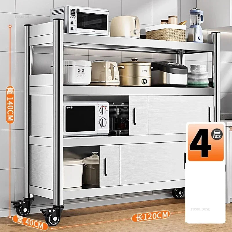 Stainless Steel Kitchen Cabinets with Door Floor Multi-layer Sliding Door Cabinet Storage Racks Multi-functional Home Furniture