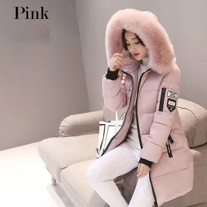 2025 Winter Women Parka Coats Long Cotton Casual Fur Hooded Jackets Thick Warm Slim-fit Jacket Female Overcoat Clothing