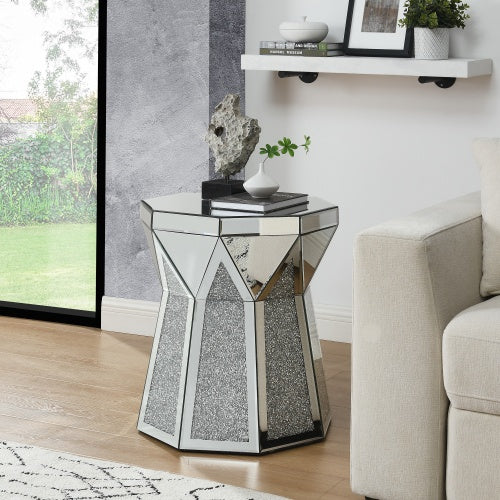 Drum Style Coffee Table With Mirror Crystal Inlay, Polygonal Silver Decorative Table, Modern Design Luxury Modern Furniture, 20 Inch  About 50 Centimeters  Low Coffee Table, Suitable For Living Room