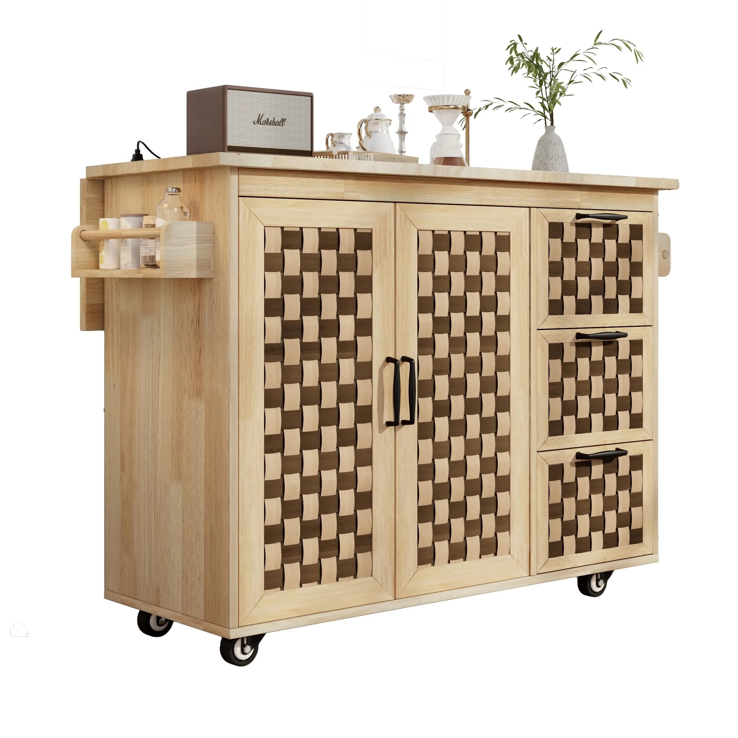 3D Woven Checkerboard Pattern Design Kitchen Island with Drop Leaf, Rolling Kitchen Island on Wheels with Internal Storage Rack