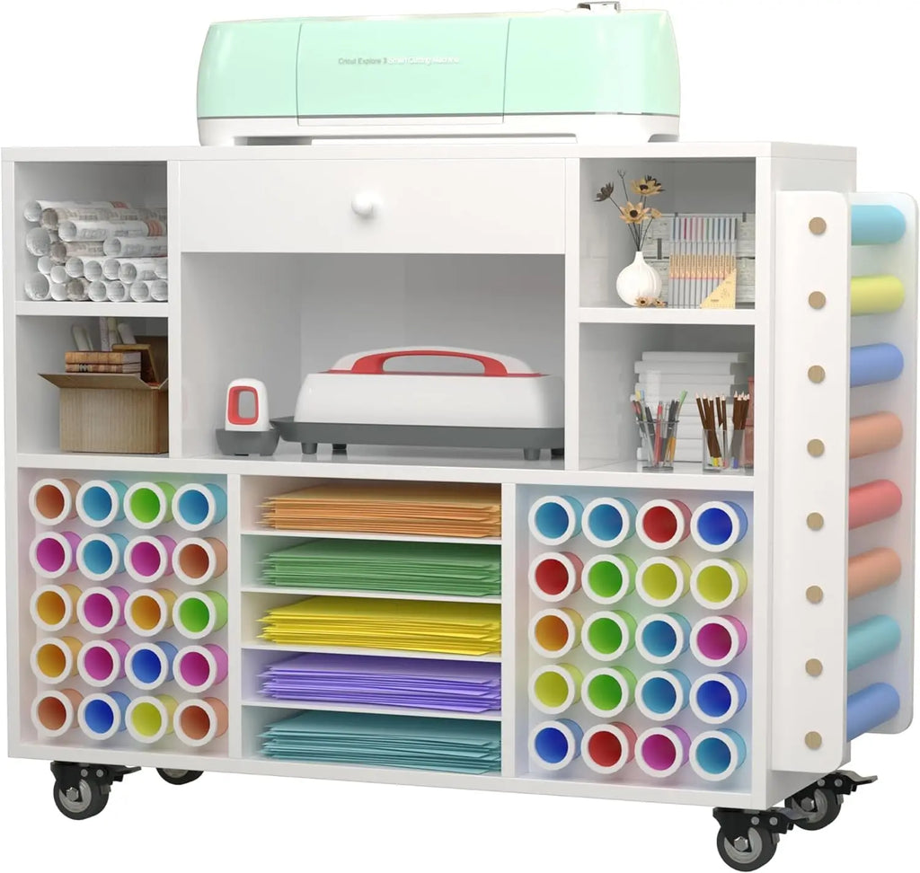 Craft organization and storage Cart Compatible with Machine, Rolling Craft Organizer With large drawer & 48 Vinyl Roll Holder