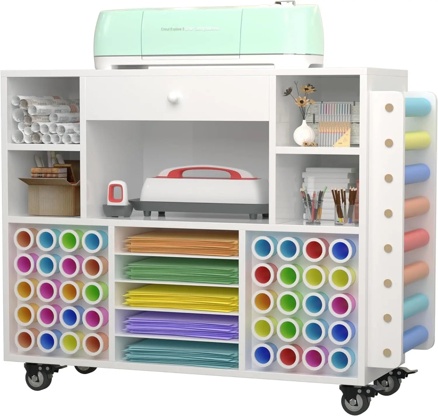 Craft organization and storage Cart Compatible with Machine, Rolling Craft Organizer With large drawer & 48 Vinyl Roll Holder