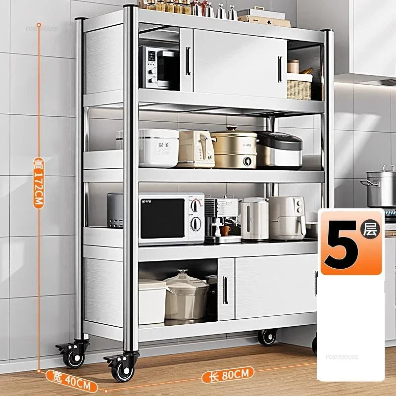 Stainless Steel Kitchen Cabinets with Door Floor Multi-layer Sliding Door Cabinet Storage Racks Multi-functional Home Furniture