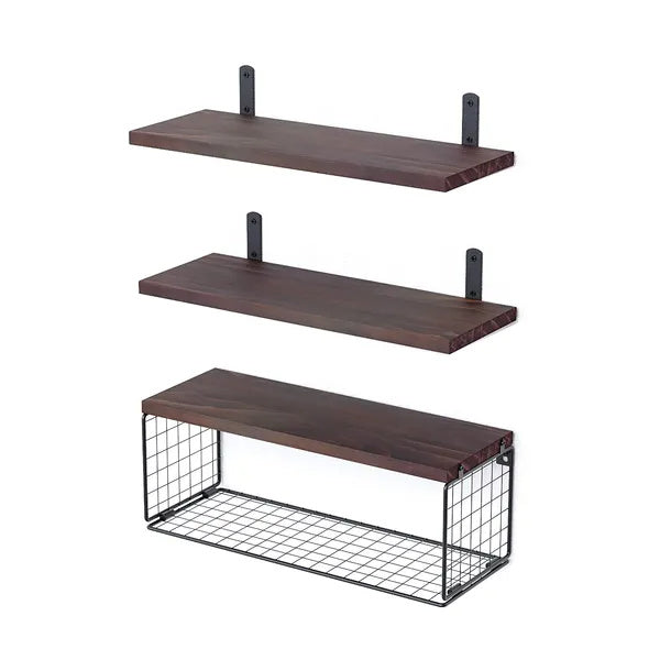 Set of three wall shelves with wooden surfaces and metal brackets on a white background