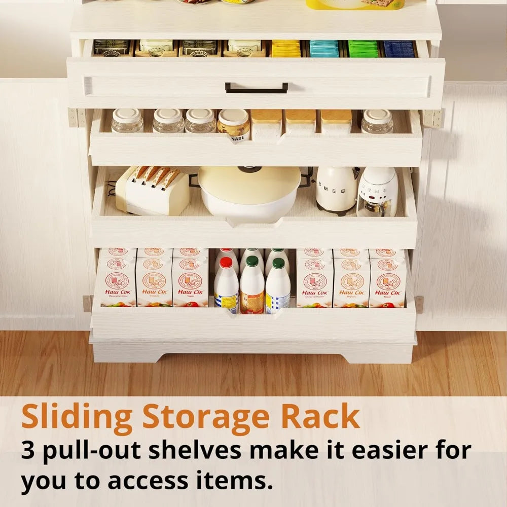 Farmhouse Kitchen Pantry Cabinet, 72" Height Tall Freestanding Cupboard with Sliding Storage Rack and 6 Hanging Shelves for Kit