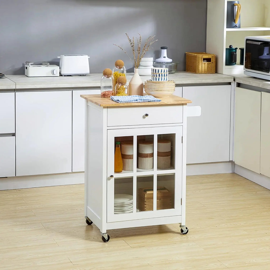 27" Rolling Kitchen Island Cart with Drawer and Glass Door Cabinet, Kitchen Trolley with Adjustable Shelf and Towel Rack, White