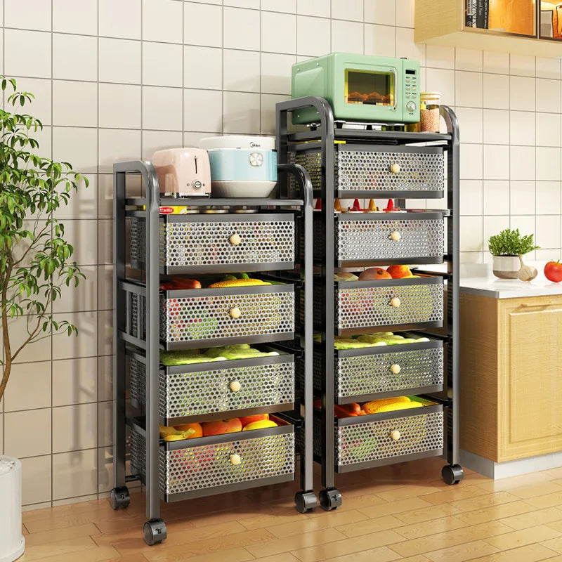 Kitchen Trolley Cart with Wheels with Basket Multi-Layer Hand Pull-Out Layered Racks Drawer Vegetable Fruit Snack Storage Shelf