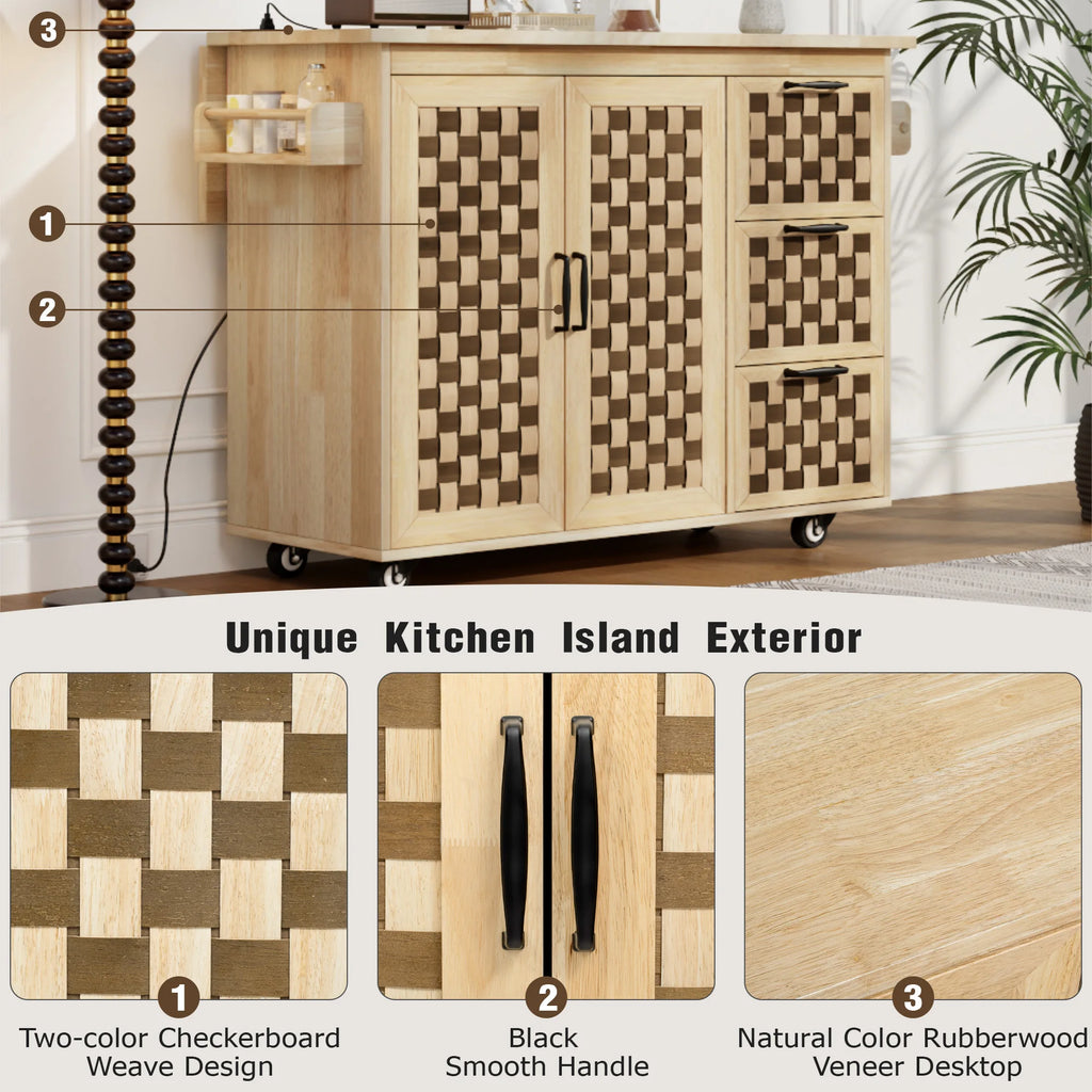 3D Woven Checkerboard Pattern Design Kitchen Island with Drop Leaf, Rolling Kitchen Island on Wheels with Internal Storage Rack