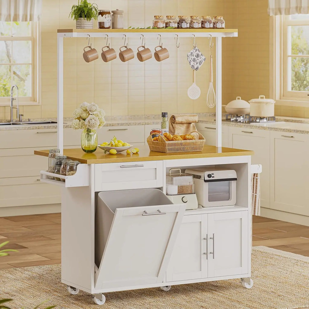 Rolling Kitchen Island Table on Wheels with Drop Leaf, 40" Mobile Kitchen Carts with Trash can Storage, Storage Cabinet, D