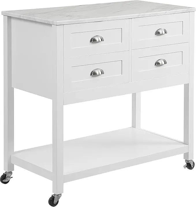 Rolling Kitchen Island Cart by Crosley Furniture, White, with Storage Drawers and Microwave Stand, Ideal for Coffee Bars