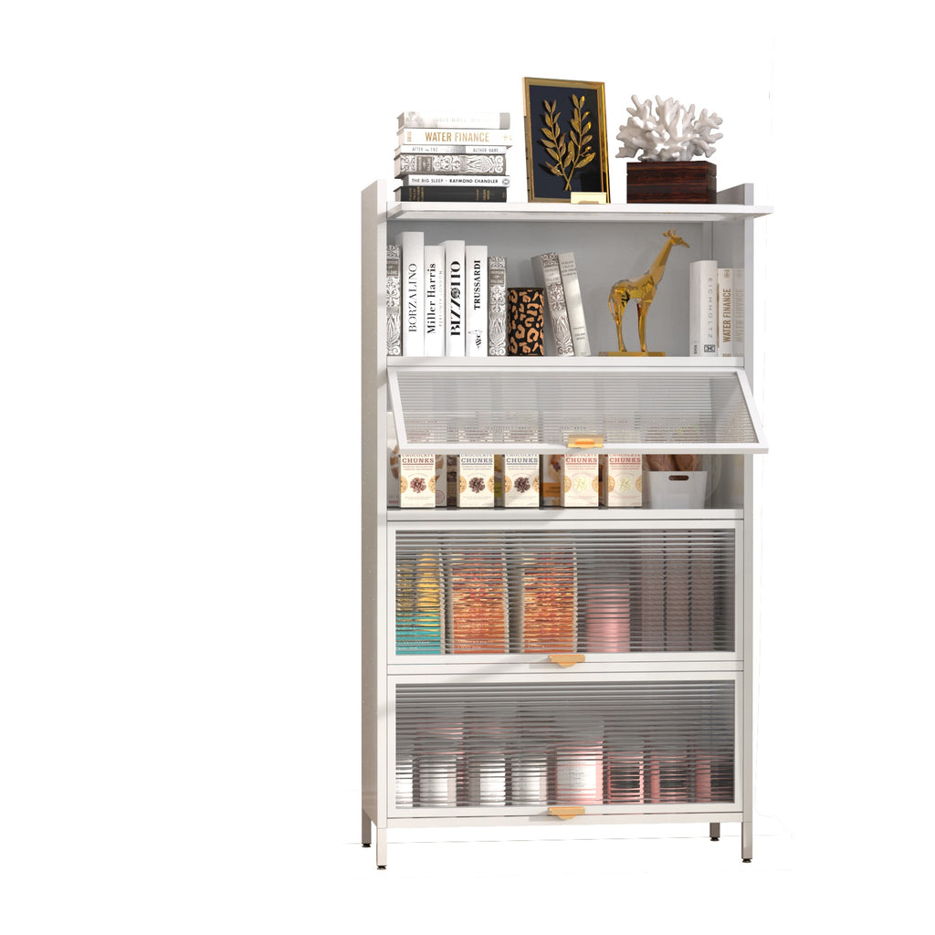 Metal Standing Storage Cabinet, 4 Level Storage With Fluted Flip Doors, Suit For Kitchen, Living Room, Bedroom, Bathroom