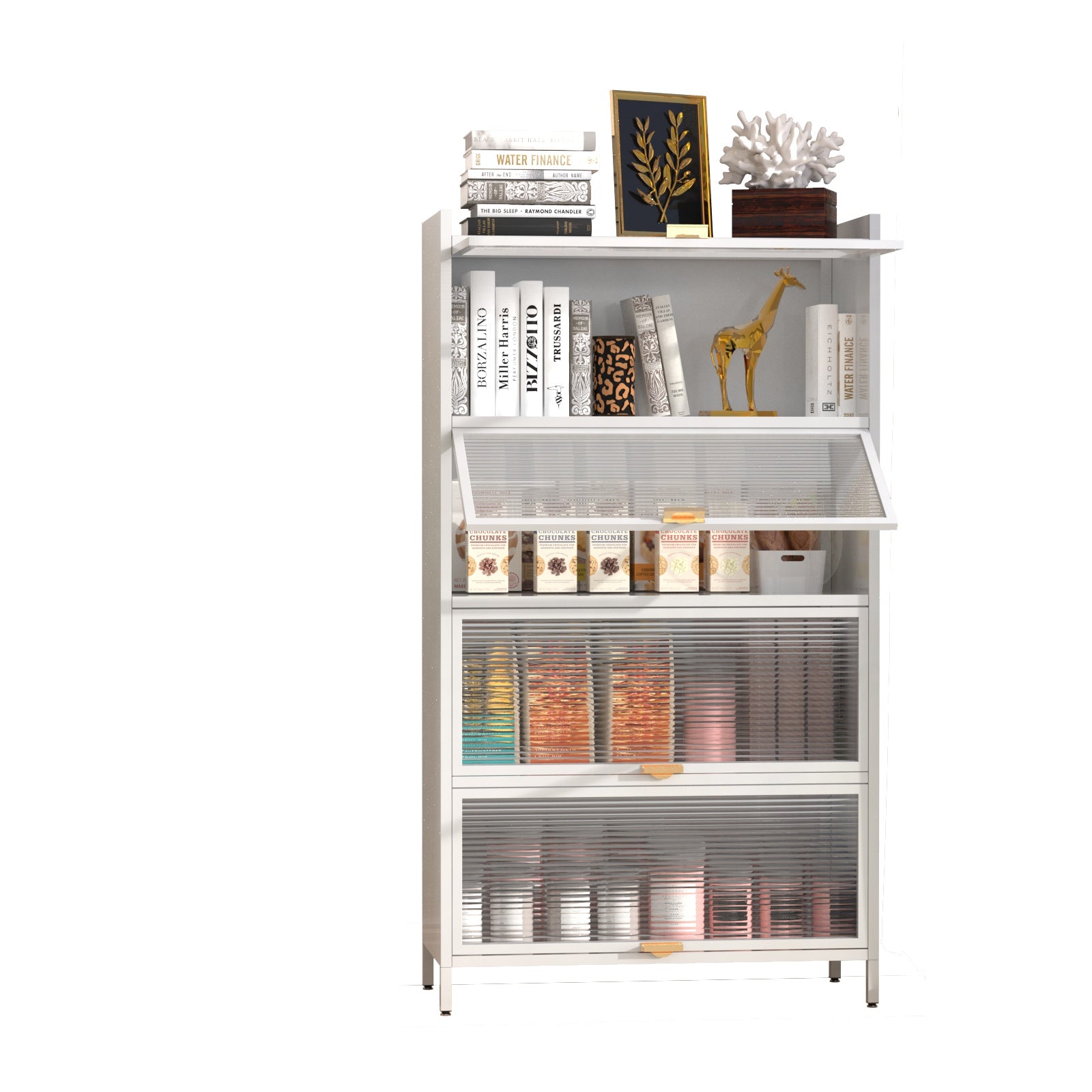 Metal Standing Storage Cabinet, 4 Level Storage With Fluted Flip Doors, Suit For Kitchen, Living Room, Bedroom, Bathroom