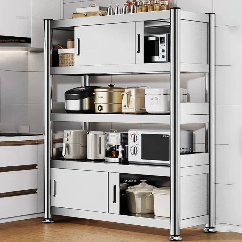 Stainless Steel Kitchen Cabinets with Door Floor Multi-layer Sliding Door Cabinet Storage Racks Multi-functional Home Furniture