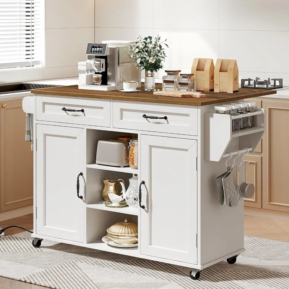 Kitchen Island with Power Outlets & Drop Leaf, Kitchen Cart with Storage, Drawer and Spice Rack, Tower Rack, Island Table, White