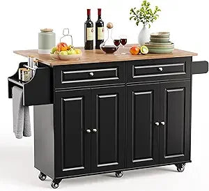 Kitchen Island with Drop Leaf and Storage, on Wheels Two Drawers, Large Storage Cabinet, Towel Rack Spice Cart Brown