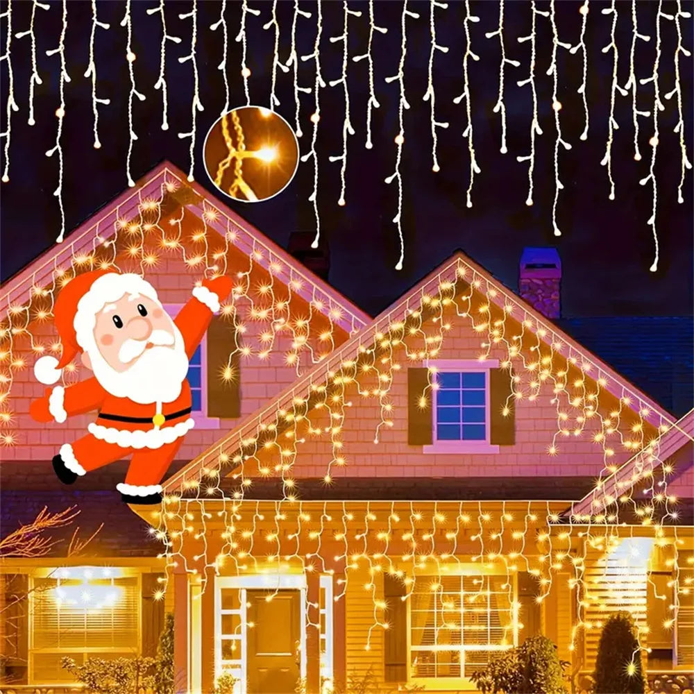 4m Solar Icicle Curtain Lights Christmas Fairy String Light Outdoor Waterproof Decoration Light for Holiday Wedding Party Garden